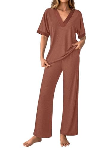 GKBK Womens Two Piece Outfits Pajama Sets 3/4 Dolman Sleeve V Neck Sleepwear Nightwear Loungewear Matching Pjs 2 Piece Lounge Set Lightweight Sweatsuit Fall Fashion Ooutfit Brown M - Image 1
