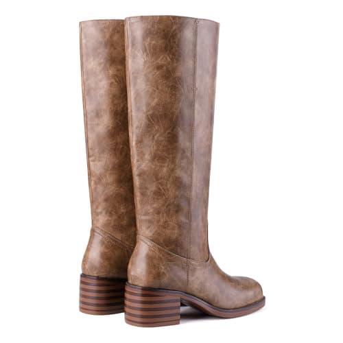 Migpuel Knee High Boots for Women Square Toe Riding Boots Chunky Block Heel Wide Calf Tall Boots Comfortable Low Heel Campus Casual 9,chocolate - Thumbnail 6