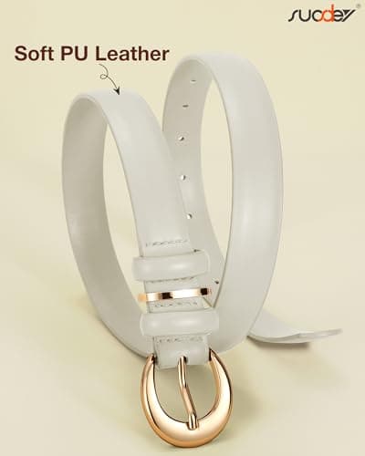 SUOSDEY Women Leather Belt for Jeans Pants Fashion Ladies Skinny Dress Waist Belt with Gold Buckle,0.9" Width,off-white belt - Thumbnail 3