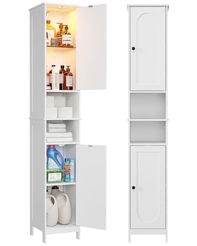 HAIOOU 67" Tall Bathroom Storage Cabinet with Light,11.8"W Narrow Bathroom Cabinet with Adjustable Glass Shelves,Slim Freestanding Cabinet for Small Spaces,Skinny Cabinet for Kitchen,Living Room white - Image 1