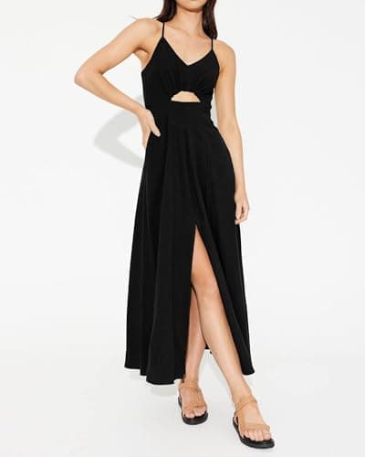 BTFBM Women 2026 Spaghetti Strap Midi Summer Dresses Sleeveless V Neck Cutout Slit Casual Beach Party Maxi Dress Pockets(Black, Large) - Thumbnail 6