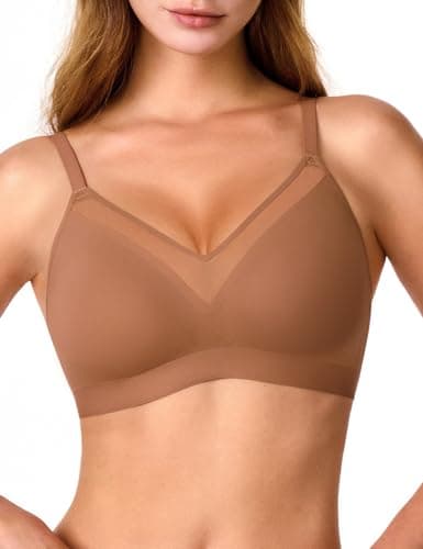 Lehoba Womens Wireless Bras, Push Up Seamless No Underwire Jelly Bra Comfortable Supportive Mesh V Neck Full Coverage Everday Bralette, Chocolate X-Small - Image 1