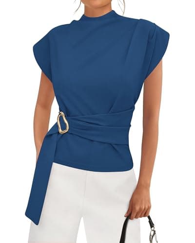 PRETTYGARDEN Women Blouses Spring Dressy Cap Sleeve Mock Neck Work Shirts Buckle Tunic Summer Business Casual Tops 2026(Dark Blue,XX-Large) - Image 1