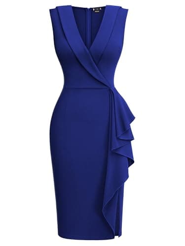 Miusol Women's V-Neck Ruffle Sleeveless Slim Business Work Pencil Dress (Large, Royal Blue) - Thumbnail 4