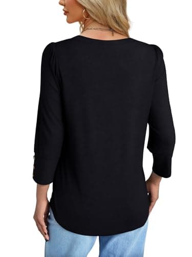 NORACORA Blouses for Women Dressy Casual 3/4 Length Sleeve Womens Tops V Neck Loose Fit T Shirts Beach Vacation Spring Summer Fall Shirts Black XXL - Thumbnail 5