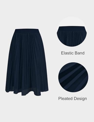 Women's Midi Skirt Elastic High Waist Pleated Skirt Knee Length Swing A-Line Casual Flowy Skirts 2025 Dark Navy,M - Thumbnail 5