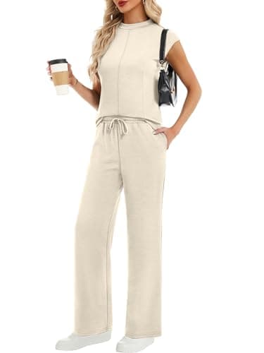 Casly Lamiit Lounge Sets for Women 2 Piece Summer Vacation Travel Outfits Mock Neck Cap Sleeve Pants Set Spring Airport Outfit 2026 Beige S - Image 1