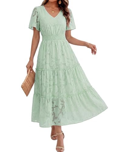Caracilia Womens 2026 Spring Wedding Guest Maxi Dress Summer Boho Floral Short Sleeve V Neck Beach Vacation Tea Party Dresses Light Green Medium - Image 1