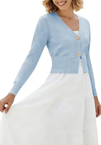 Cropped Knit Cardigan for Women V Neck Lightweight Button Down Sweater for Casual Work & Weekend Looks Light Blue M - Thumbnail 4
