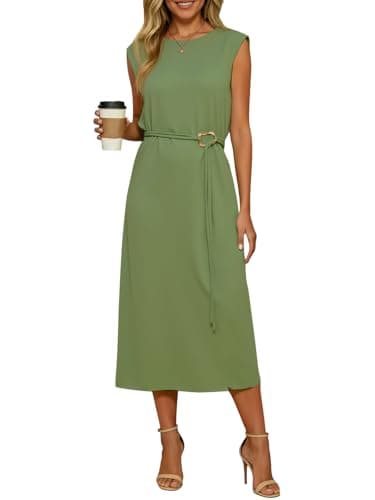Wenrine Womens Sleeveless Midi Dress Summer Work Office Back Slit Elegant Flowy Tank Casual Vacation Dresses Green - Image 1