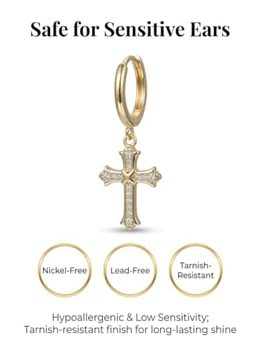 YOLYMODA Cross Dangle Drop Earrings for Women Men - Trendy Dainty 14K Gold Plated Dangly Huggie Hoop Earrings with Sparkling CZ, Chic Faith 925 Sterling Silver Post Jewelry Gift, 1.16" Long - Thumbnail 6