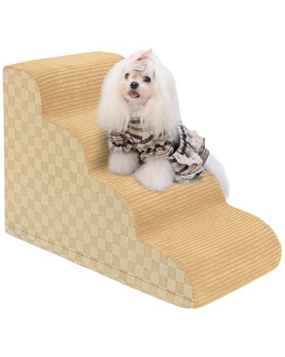 Dog Stairs Curved Ramp for Small Dogs 19.5" H, 4-Step Pet Stairs for Couch Bed with High Density Foam, Dog Slope Stairs with Durable Non-Slip Bottom Khaki - Image 1