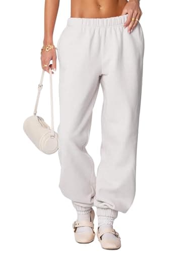 FACDIBY Women's Fleece Lined Sweatpants High Waist Drawstring Sweat Pants Baggy Athletic Pants with Pockets,White XL - Image 1