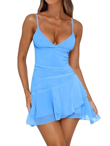 Caracilia Womens Cocktail Dresses Sleeveless V Neck Mesh Ruched Bodycon 2026 Sexy Summer Going Out Club Mini Short Dress X-Large Blue - Image 1