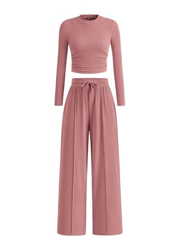 PRETTYGARDEN Women's 2 Piece Sets 2025 Fall Long Sleeve Crop Tops Wide Leg Pants Matching Outfit Tracksuits Fashion Clothing (Pink,Medium) - Image 1