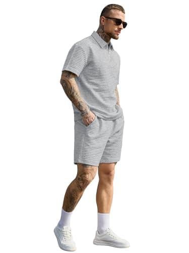 JEMLDL Men's Short Sets 2 Piece Polo Shirt Summer Outfits Casual Fashion Loungewear Short Sleeve Travel Golf Tracksuits Gray Small - Thumbnail 4