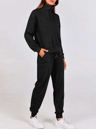BTFBM Women's 2 Piece Tracksuit Fall Outfits 2025 Long Sleeve Half Zip Sweatshirt Sweatpants Lounge Set Sweatsuits(Solid Black,Medium) - Thumbnail 5