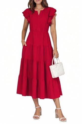 materasu Women V Neck Midi Dress with Pocket Flutter Sleeve Tiered Casual Summer Dress - Image 1