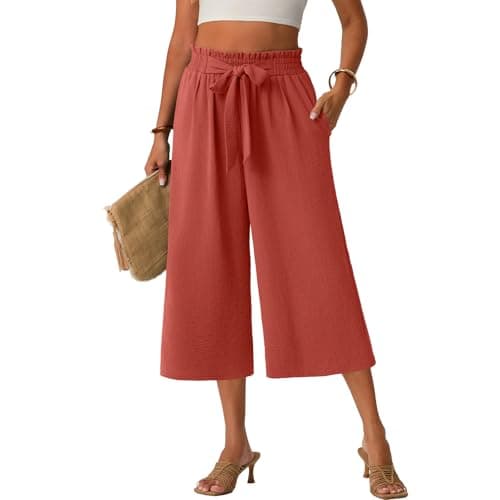 Womens Palazzo Wide Leg Pants Flowy Dressy Linen Cropped Vacation Summer Capri Gaucho Casual Slack Gauze Teacher Petite Women Boho Womans Ladies Trouser - Image 1