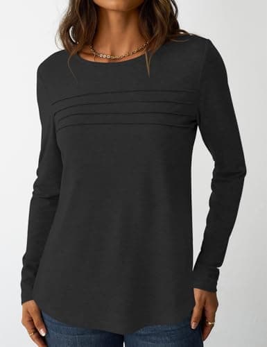 NORACORA Womens Tops Long Sleeve T Shirts Dressy Casual Spring Fall Outfits Pleated Front Shirts Round Neck Casual Tunic Basic Tee Tops Black L - Thumbnail 5