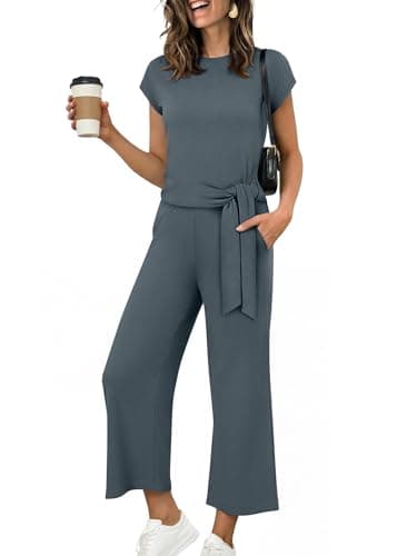 ANRABESS Women 2 Piece Outfits 2026 Summer Lounge Sets Cap Sleeve Tie Waisted Top Wide Leg Pant Airport Vacation Travel Sets Deep Grey Large - Image 1