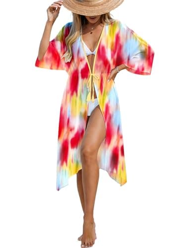 Womens Swimsuit Coverup Casual 3/4 Sleeve Cardigans Swimsuit Summer Beach Cover Ups with Tropical Prints - Thumbnail 2