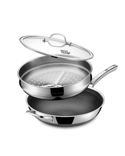 DOTCLAD 13 Inch Hybrid Stainless Steel Wok with Lid and Steamer Basket, Non Stick Stir Fry Pan, PFOA-Free, Works on Induction, Dishwasher & Oven Safe