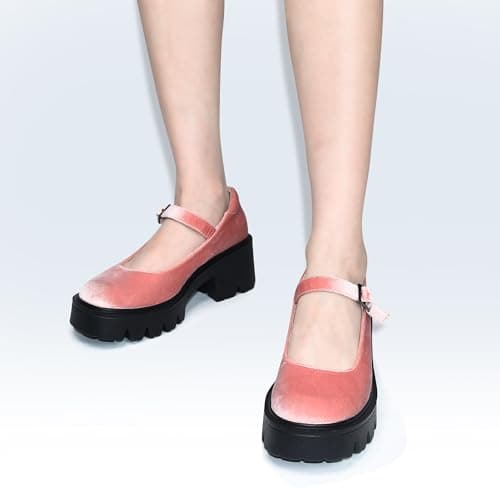 Elvora Women's Mary Jane Shoes - Platform Mary Janes for Women, Pink Velvet Round Toe Chunky Dress Shoes with Adjustable Ankle Strap - Thumbnail 6