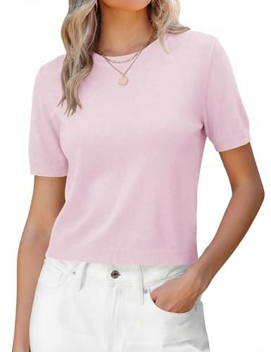 LaGracia Sweaters for Women Short Sleeve Cropped Sweaters Wool Blend Cashmere Crew Neck Lightweight Business Casual Summer Spring Sweater Crop Tops Vacation Outfits Pink S - Image 1