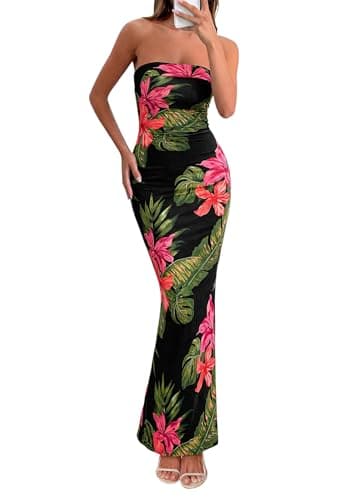 PRETTYGARDEN Bodycon Long Dresses for Women 2026 Strapless Tube Summer Floral Maxi Dress Sleeveless Back Slit Beach Outfits (Floral Black Red,Small) - Image 1