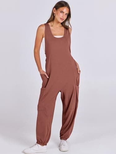 ANRABESS Women Overalls Jumpsuits Loose Casual Dressy Sleeveless Baggy Harem Pants Romper Jumpers 2026 Trendy Summer Outfits Caramel XX-Large - Thumbnail 2