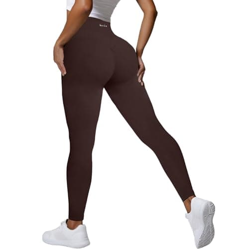 BaseTry Womens Yoga Pants Seamless Mid High Waisted Tummy Control Butt Lifting Workout Leggings for Women Running (US, Alpha, Large, Regular, Regular, Coffee)