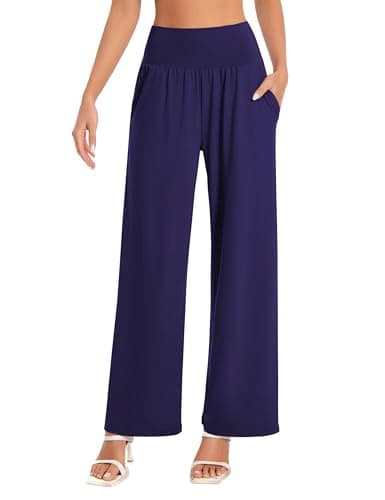 BUBBLELIME 20"/27"/29"/31"/33"/35" Women's Wide Leg Yoga Pants High Waist Loose Comfy Lounge Casual Sweatpants with Pockets - Wide Legs_NAVYBLUE L_27" Inseam - Image 1