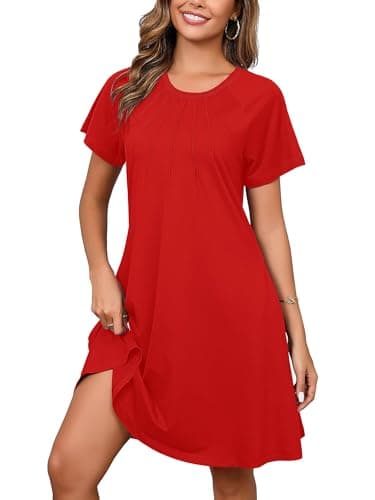 Heymoments Women's Short Sleeve Dress Red XX-Large Plus Size Crewneck Casual Flowy Below Knee Length Sundress Comfortable Shirt Work Summer Cheap Dresses with Pockets - Image 1