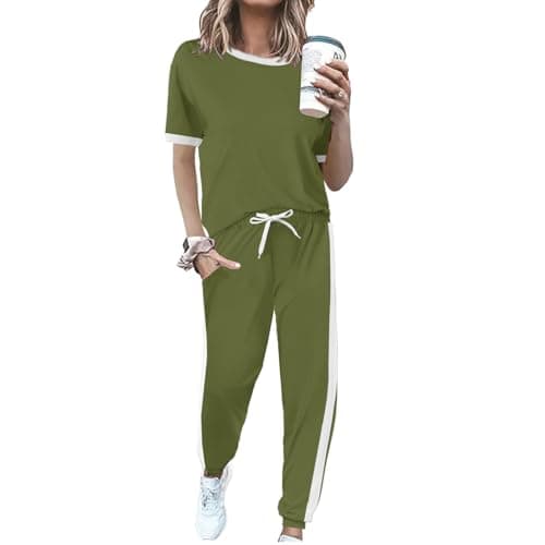 KBKBSN Women 2 Piece Outfits 2026 Summer Casual Sweatsuits Short Sleeve Top Lounge Sets Long Pants Tracksuits Set with Pocket Armygreen S - Image 1
