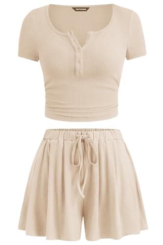 PRETTYGARDEN 2 Piece Sets For Women Summer Short Sleeve Button Up Shirts Drawstring Elastic Waist Shorts Lounge Set 2026(Beige,Medium) - Image 1