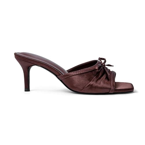 RUSAUISE Brown Stiletto Heels Mules for Women Slip On Bow Heels Sandals Square Toe Middle Heeled Wedding Party Dressy Shoes Satin Size 7.5 - Thumbnail 5