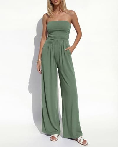 BTFBM Jumpsuits For Women Summer 2026 Beach Vacation Strapless Tube Top Jumpsuit Ruched Casual Wide Leg Pant Rompers(Sage Green, Medium) - Thumbnail 2