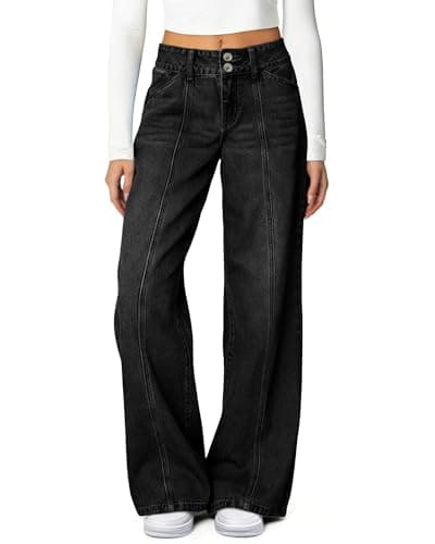 Flvsun Women's Wide Leg Jeans High Waisted Stretchy Straight Leg Jeans Trendy Seamed Front Loose Fit Denim Pants Black S - Thumbnail 6