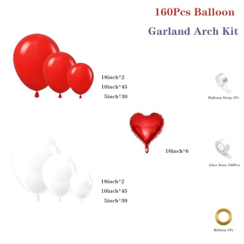 Red White Balloon Garland Arch Kit, 160Pcs Red and White Balloons with Heart Foil Balloons for Romantic Wedding Birthday Party Bridal Shower Valentines Day Decorations - Thumbnail 2