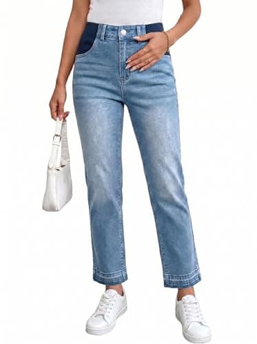 BLENCOT Women Maternity Pants Denim High Waisted Trendy Straight Leg Comfy Work Waistband Skinny Elastic Stretch Plus Size Ankle Jeans Outfits Pregnant Clothes Medium Myosotis - Image 1