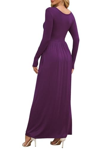 DEARCASE Women Dress Purple Small Crewneck Long Sleeves Maxi Wedding Guest A-line Plain Casual Empire Waist Flowy Party Vintage Spring Fall Winter Floor Dresses with Pocket - Thumbnail 2