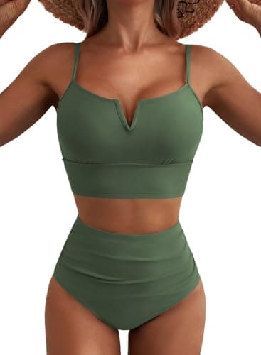 Herseas Two Piece Swimsuit for Women High Cut Tummy Control Bikini Set Cheeky Bathing Suit Adjustable Spaghetti Straps Beach Outfit Army Green XX-Large - Image 1