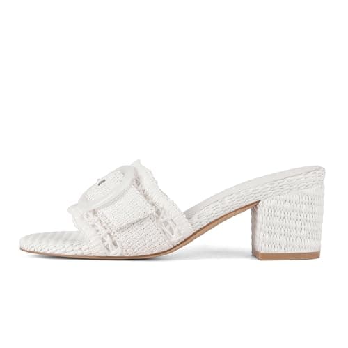 Grakihily Womens Raffia Mule Slides Sandals Open Toe Backless Buckle Heeled Sandals Chunky Block Heel Bohemia Beach Dressy Slip on Summer Shoes,White Size 7