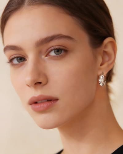 EYESHOCK Small Half Huggie Hoop Earrings for Women, Chunky Style Silver Plated 925 Sterling Silver Post, Hypoallergenic Lightweight Twisted Honeycomb Texture Hoops - Thumbnail 3