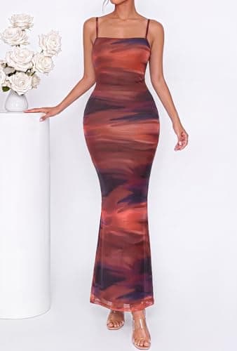 BTFBM Womens Summer Maxi Dress 2026 Floral Mesh Spaghetti Straps Sleeveless Sexy Bodycon Wedding Cocktail Party Dresses(Dark Red Print, XX-Large) - Thumbnail 4