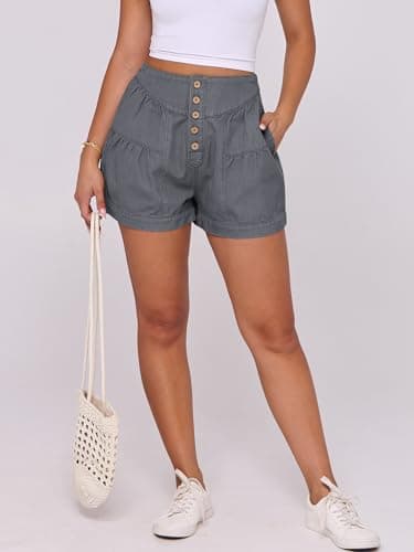 ANRABESS Women's Denim Shorts Summer Baggy High Waisted Flowy Wide Leg Buttons Pleated Casual Jean Shorts 2026 Fashion Skorts Light Grey Small - Thumbnail 6