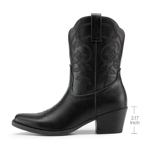 Athlefit Women's Cowboy Cowgirl Ankle Boots Square Toe Low Chunky Heel Embroidery Western Short Booties for Country Concerts Black Size 6.5, AD00764 - Thumbnail 4