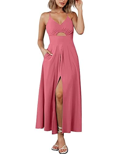 BTFBM Women 2026 Spaghetti Strap Midi Summer Dresses Sleeveless V Neck Cutout Slit Casual Beach Party Maxi Dress Pockets(Dark Pink, XX-Large) - Image 1