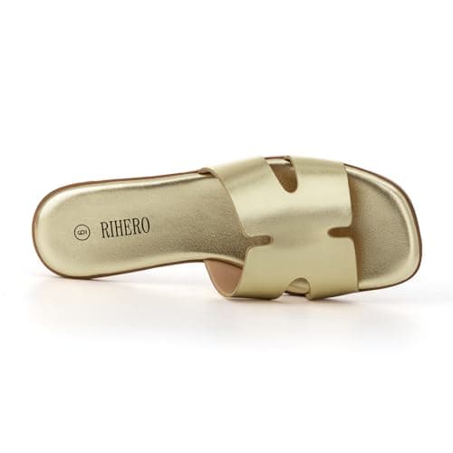 Rihero Women's Dressy Flat Sandals Comfortable Slip On Leather Slide Gold Sandals - Thumbnail 5